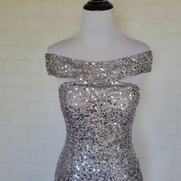 Scala Off the Shoulder Sequin Silver Silk Dress - Picture 5 of 12